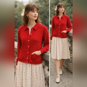 Vintage Ness Scotland Red Wool Blend Button Cardigan Sweater Size Medium